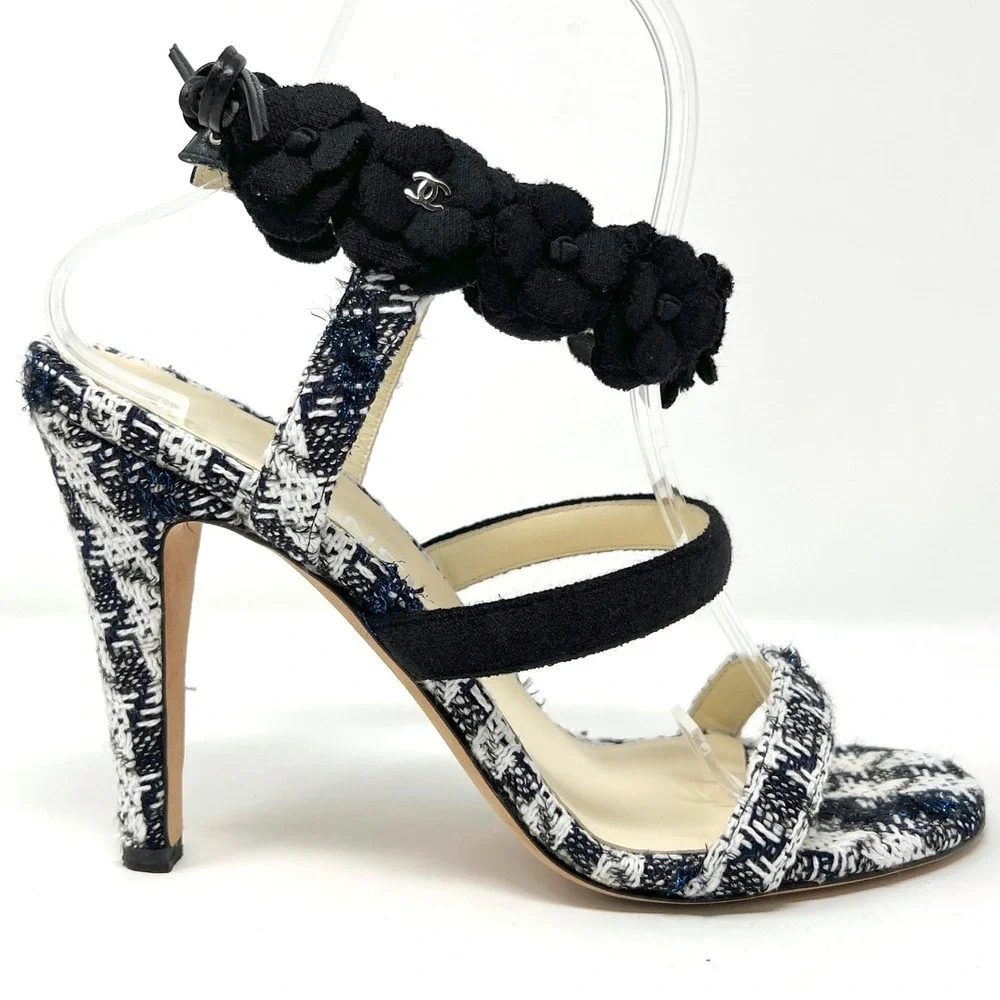 Chanel Tweed Camellia CC Pumps Black White Heels 37.5 - Picture 3 of 10